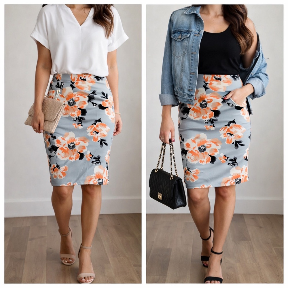 LARA Floral Pencil Skirt in Gray and Orange 07-0257